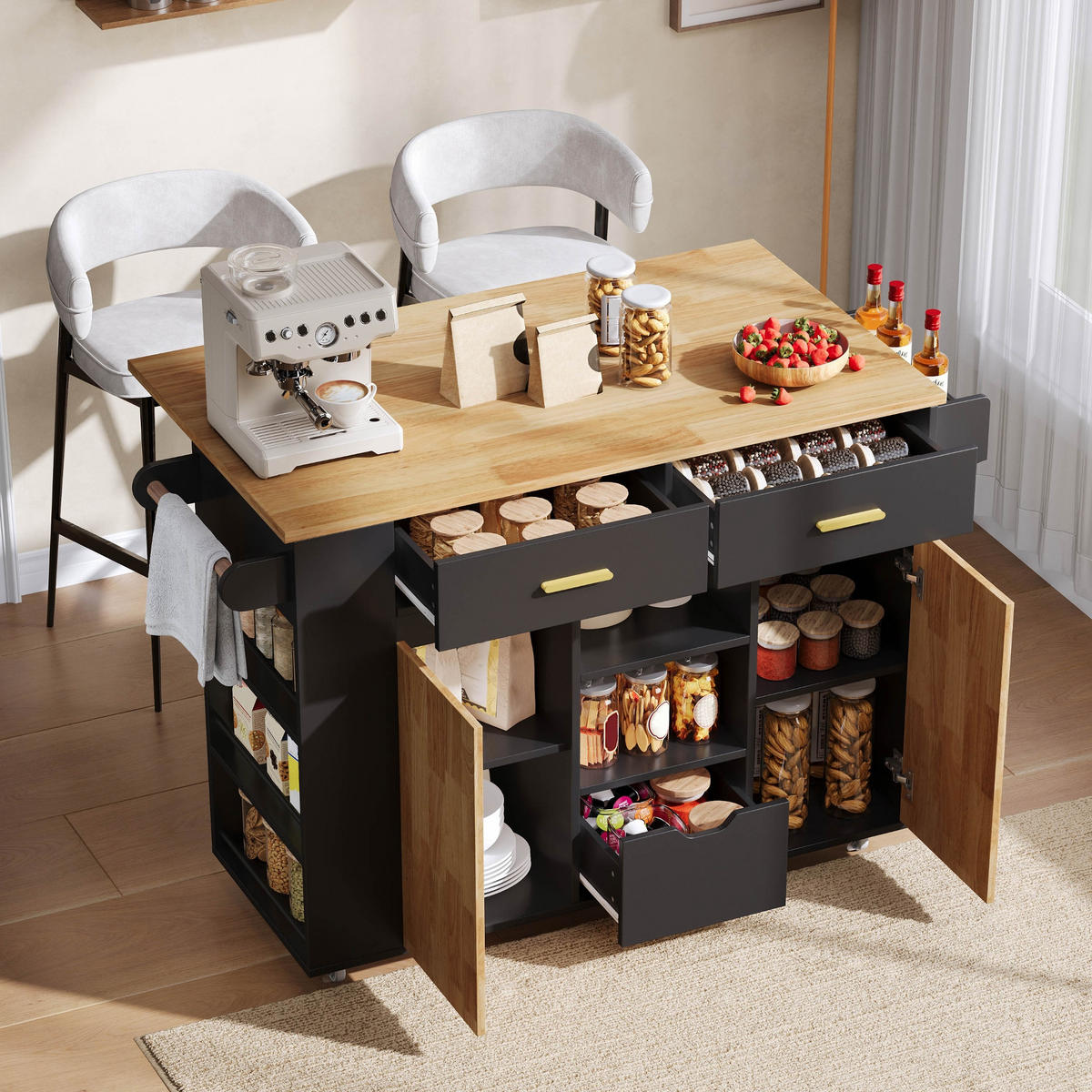 KÜCHENINSEL auf Rollen 120/71/90 cm Schwarz mit klappbarer Arbeitsplatte, 2 Schubladen und 3-stufigem Gewürzregal - Schwarz, Holz (71/90/120cm) - Oxeza