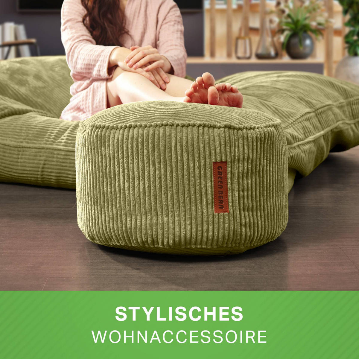 SITZSACK-HOCKER Pouf "Cord" 45x25cm - Grün, Textil (45/25/45cm) - Green Bean