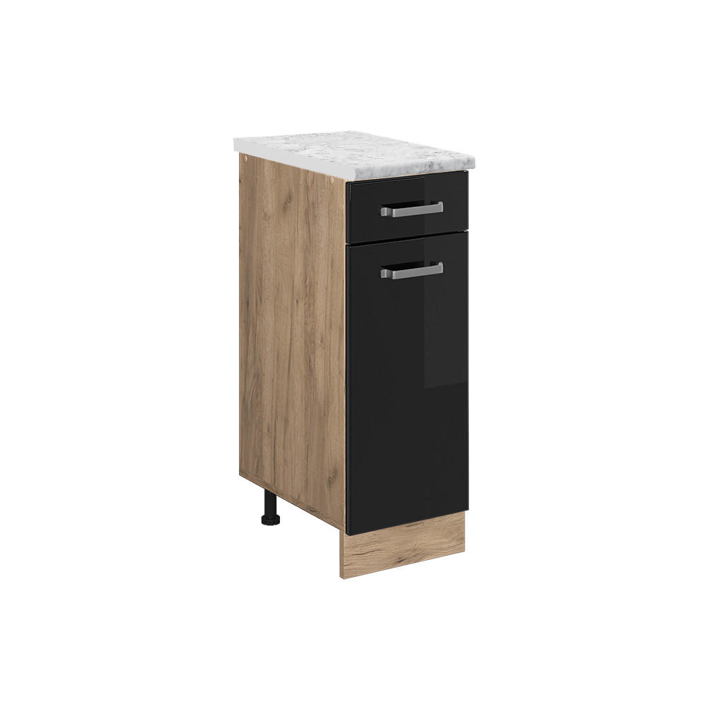 KÜCHENUNTERSCHRANK R-Line Schwarz Hochglanz 30 cm AP Marmor - Schwarz Hochglanz/Eiche Wotan, Holzwerkstoff (30/81.6/60cm) - Vicco
