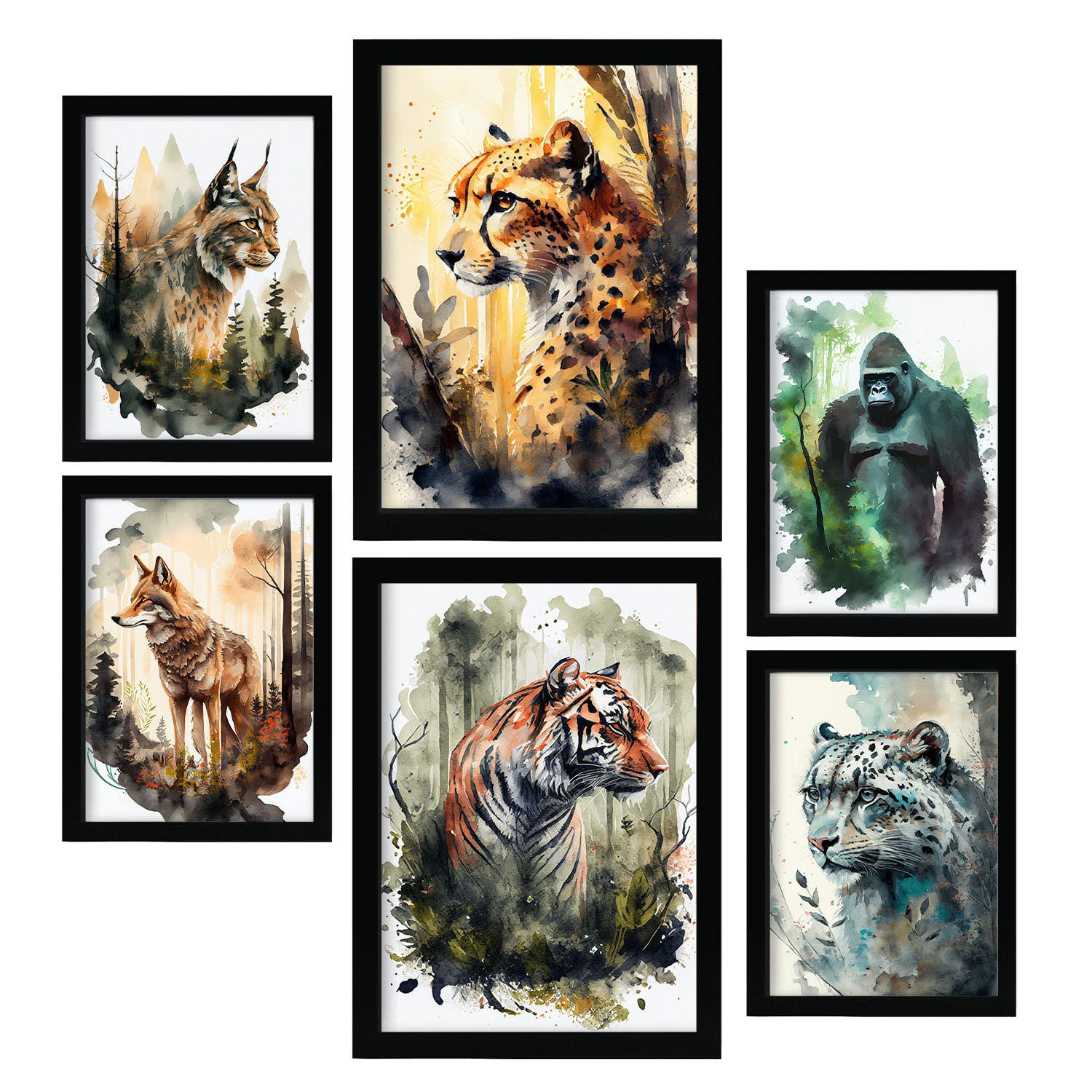 POSTER Set Mit 6 Katzen Illustrationen Von Tieren In Naturlandschaften A3 & A4 Rahmenlos - Klar, Papier (29/3cm) - Nacnic
