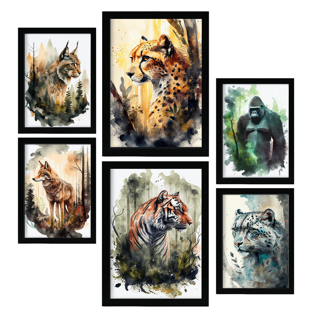 POSTER Set Mit 6 Katzen Bunt Größe A3 & A4 Schwarzer Rahmen - Schwarz, Papier (29.7/1cm) - Nacnic