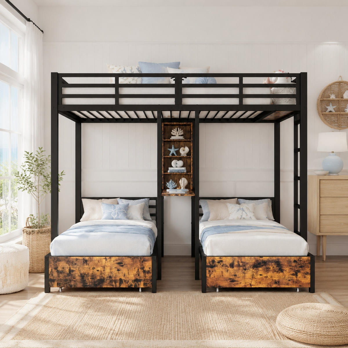 ETAGENBETT 140/200+90/200 mit 2 Schubladen, Staufächern und Seitengittern in Schwarz - Schwarz, Holz/Metall (90/200cm) - EVRYAE