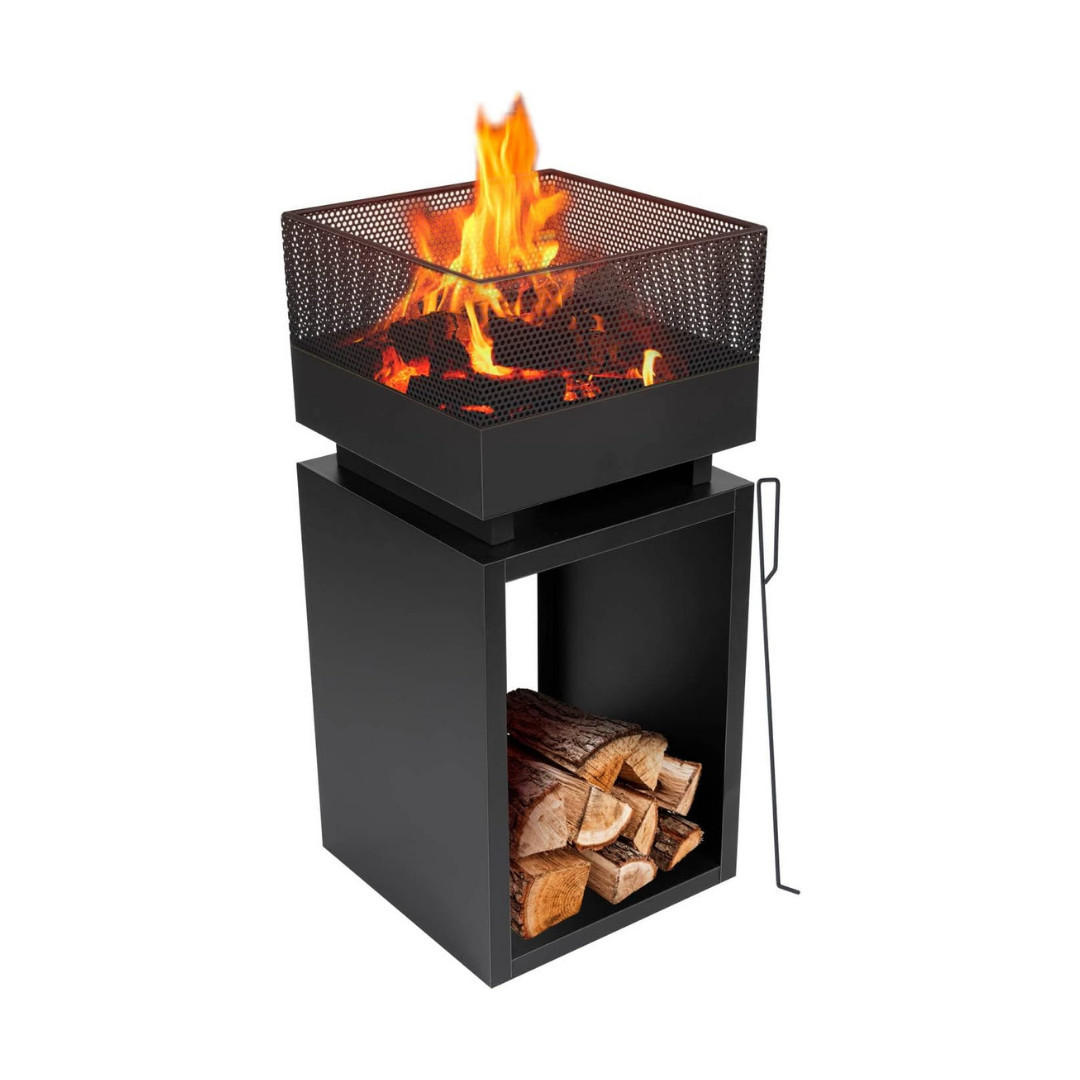 TERRASSENKAMIN Schwarz Stahl 85cm mit Holzfach und Funkenschutz, Gartenkamin, Outdoorkamin, Feuerstelle, Terrassenofen, Heizkamin, Gartenfeuer - Schwarz, Metall (39/85/39cm) - Resch