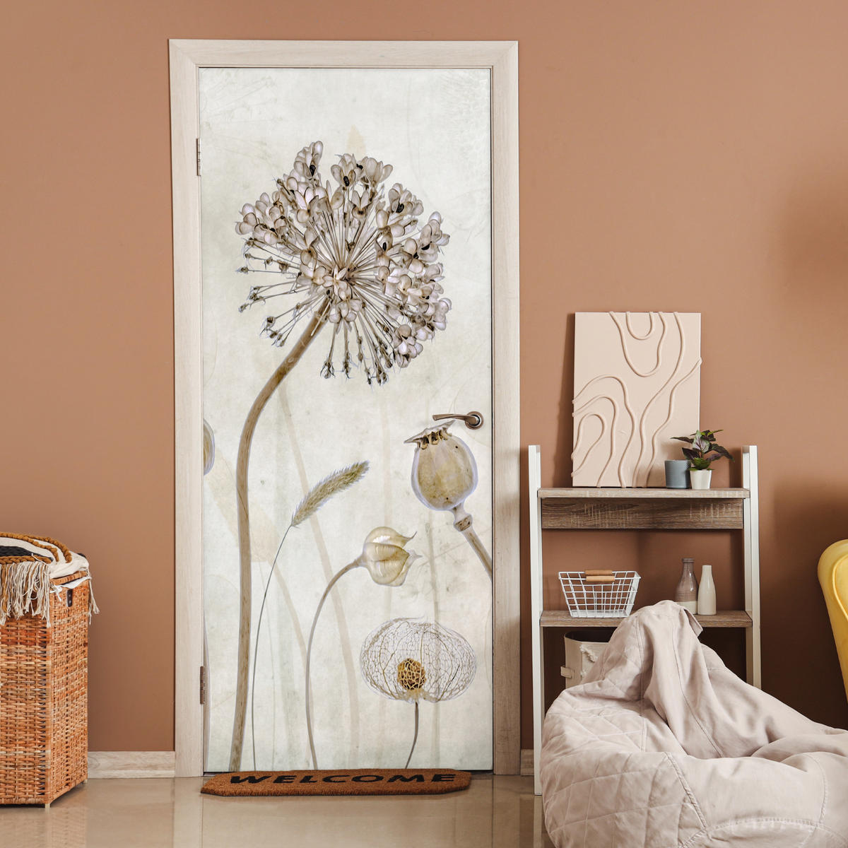 TÜRAUFKLEBER Selbstklebend - Blumen - Aquarell - Stilleben - Braun - Vintage 95x215 cm - Türtapete - Ecru, Kunststoff (95/0.1cm) - MuchoWow
