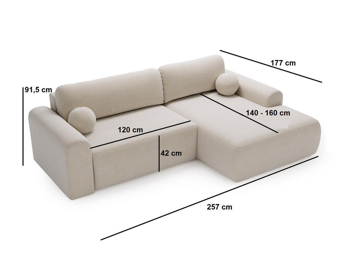 ECKSOFA Aurora Weiß, mit Schlaffunktion in Lambi Stoff, rechte seite - Weiß, Holzwerkstoff/Textil (257/177cm) - Bettso