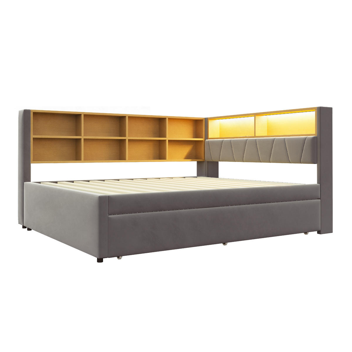 BETT mit Ausziehbett 140/200 cm und LED-Beleuchtung Dunkelgrau Flanell - Dunkelgrau, Textil (140/200cm) - OKWISH
