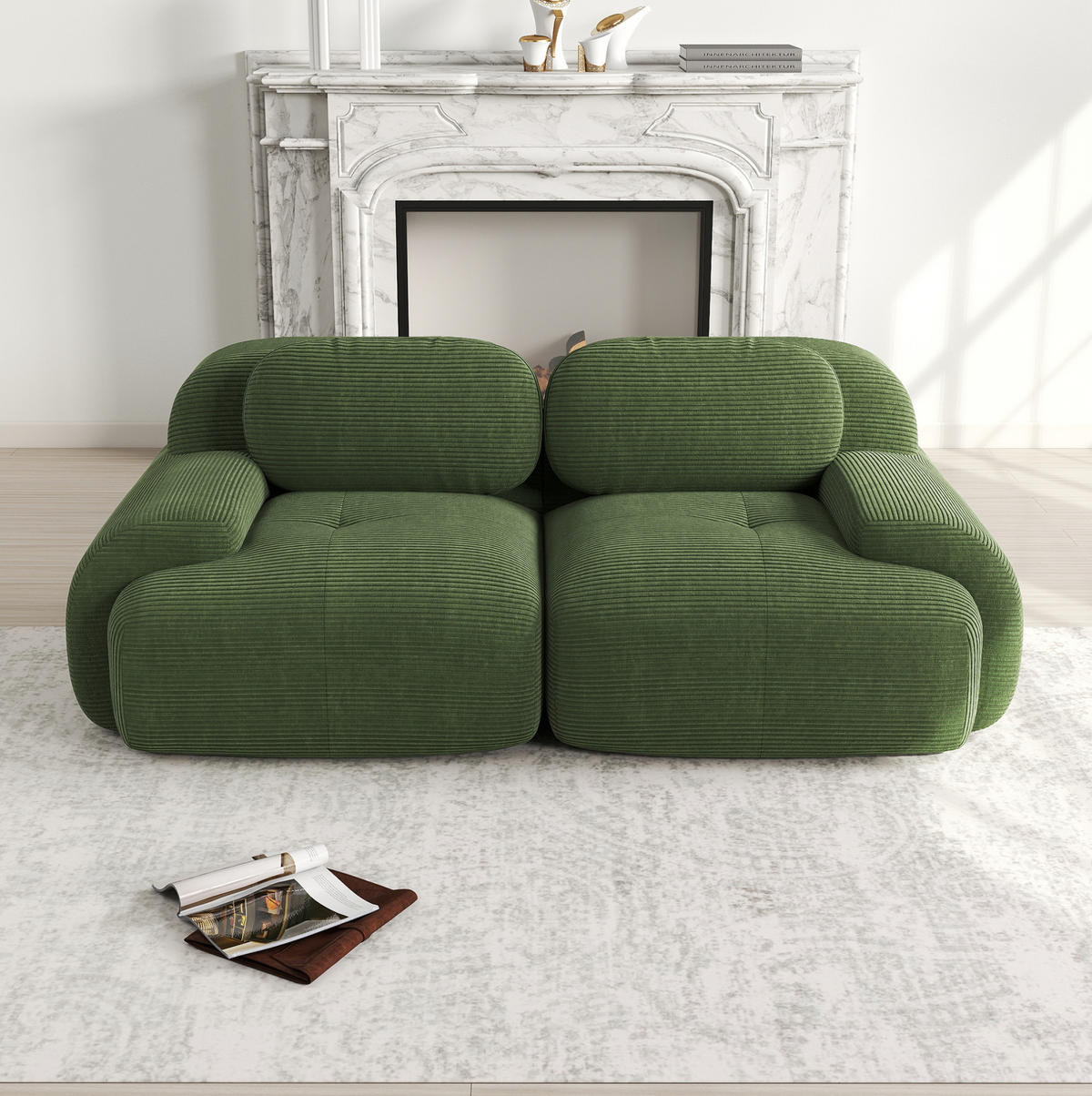 SOFA 208/103/70 cm in Grün aus Cord mit rutschfester Unterseite - Grün, Textil (103/70/208cm) - Flora Grace