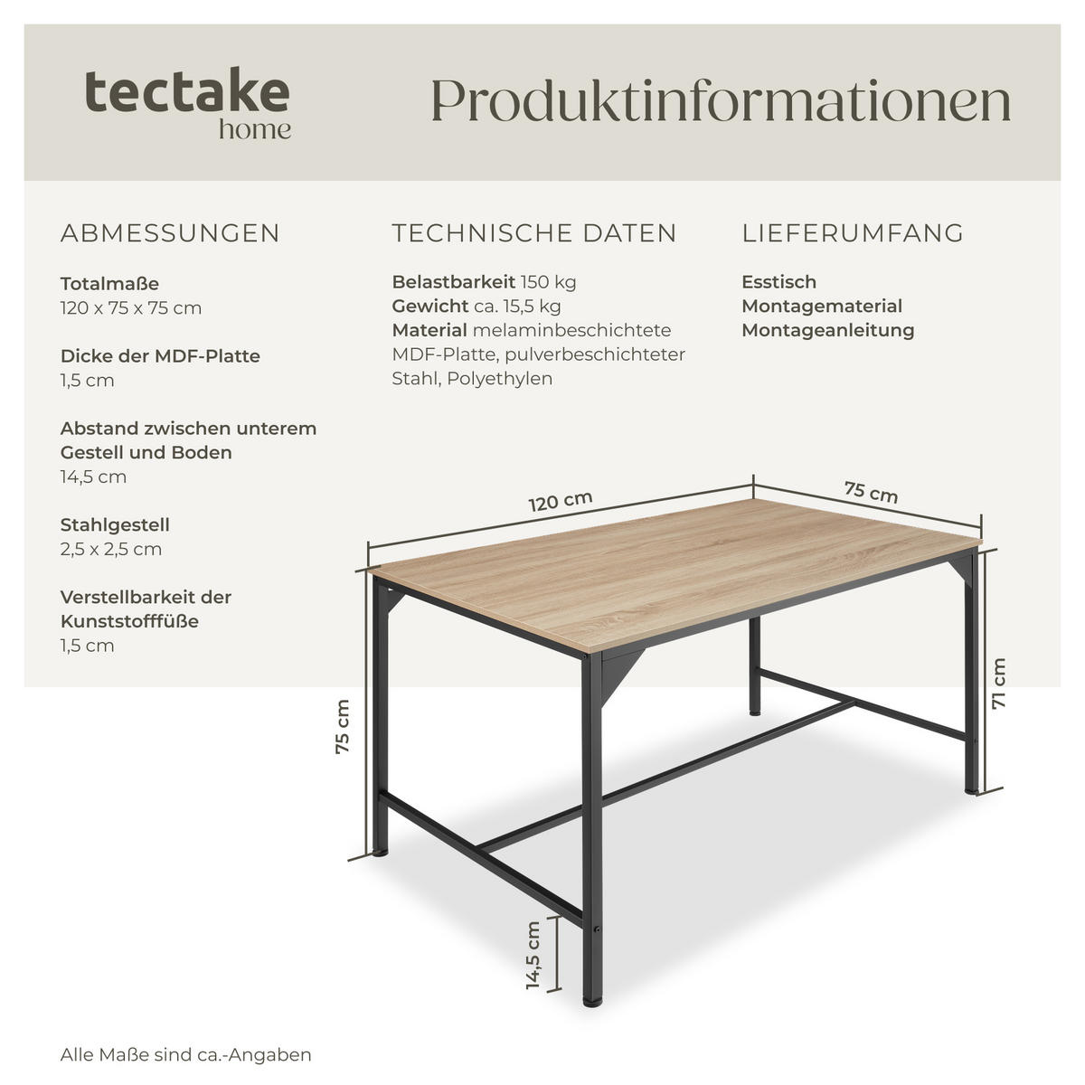 ESSTISCH Belfast,120 x 75 x 75 cm,Industrial Holz hell, Eiche Sonoma - Naturfarben, Holz (120/75/75cm) - tectake
