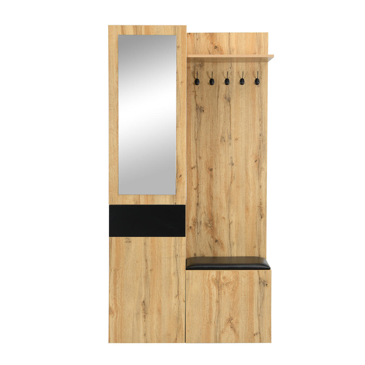 DIELENGARDEROBE mit Spiegel und Schuhablage 98,5/38/191 cm in Schwarz/Natur - Schwarz, Holzwerkstoff (98.5/191/38cm) - BEAOK