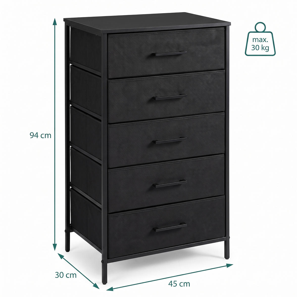 KOMODA Crna 5 ladica - crna, drvni materijal/metal (45/94/30cm) - Relaxdays