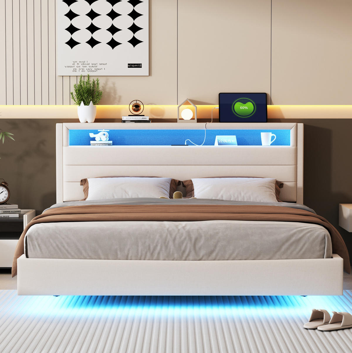 POLSTERBETT mit Leinenstoff 160x200 cm Beige mit LED-Beleuchtung, USB-Steckdose und Stauraum - Beige, Textil (160/200cm) - IVMEU