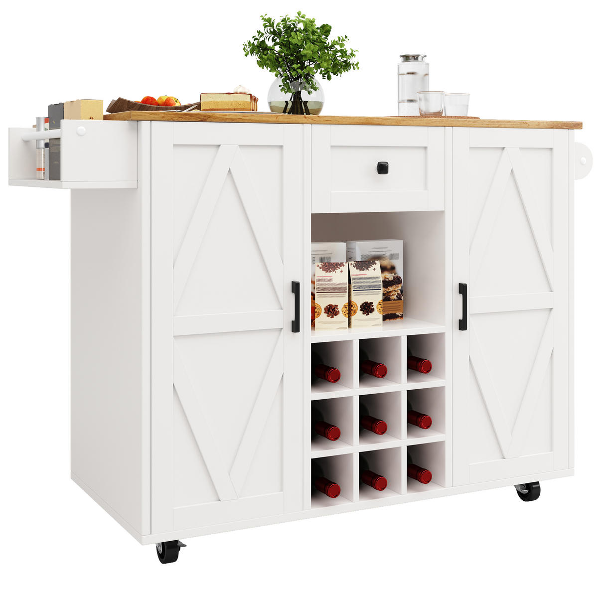 KÜCHENINSEL Weiß 137,5/40/95,6 cm Klappbar mit Weinregal - Weiß, Holzwerkstoff (137.5/95.6/40cm) - PANGIVO