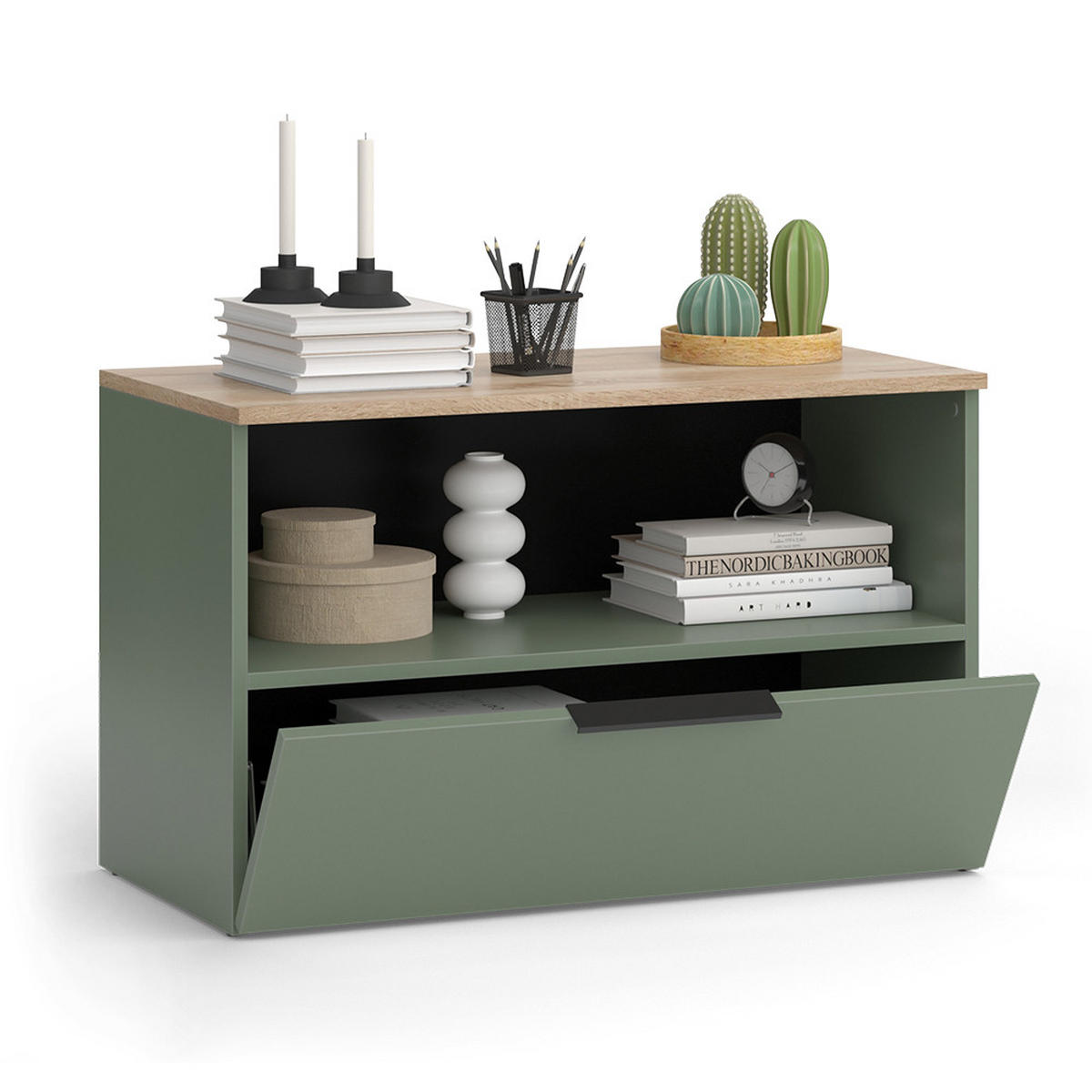 KOMMODE Wido Grün 80 x 50 cm mit 1 geschlossenem Fach - Grün/Sonoma Eiche, Holzwerkstoff (80/50/40cm) - Vicco