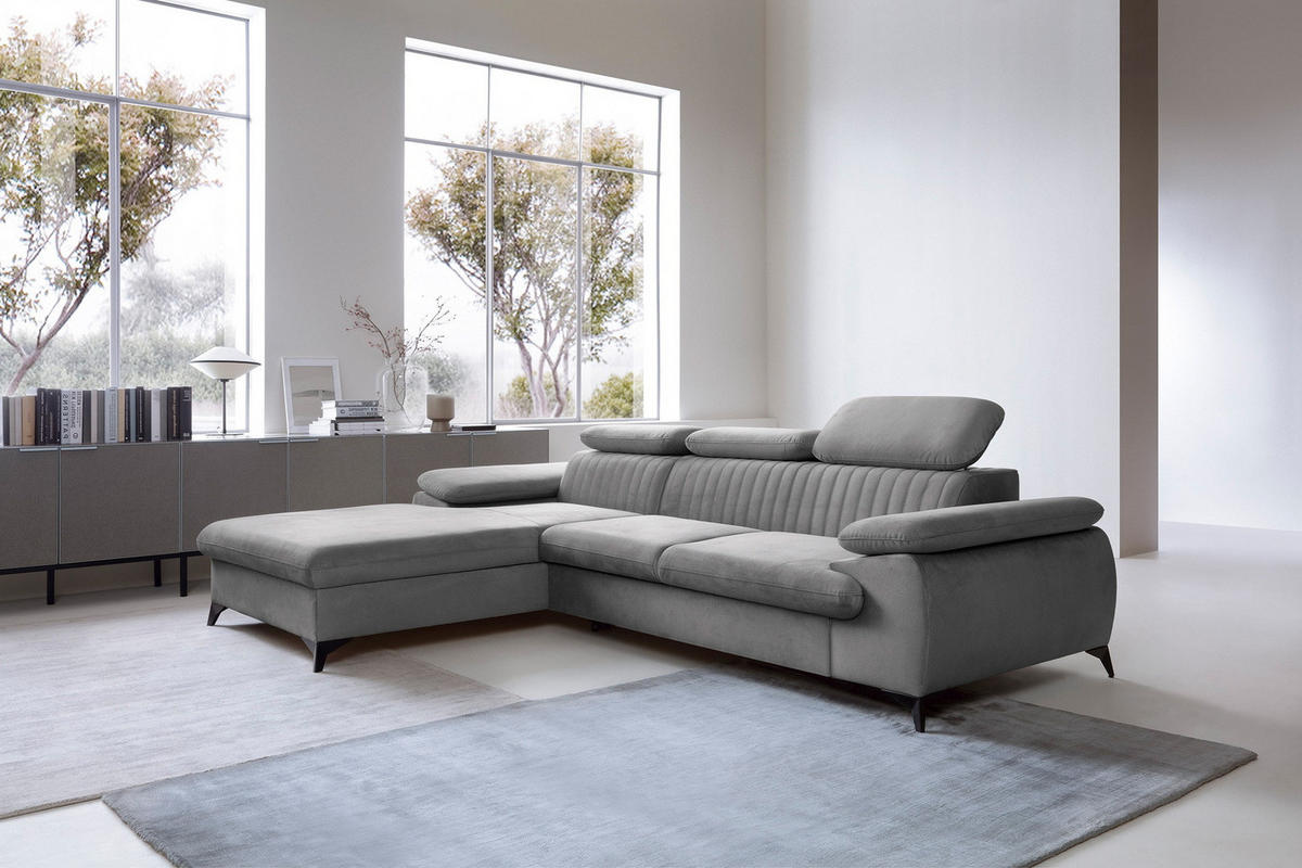 ECKSOFA 280 cm Xanto M, Schlaffunktion, verstellbaren Kopfstützen, Links, Grau - Grau, Holz (280/193cm) - Emporius