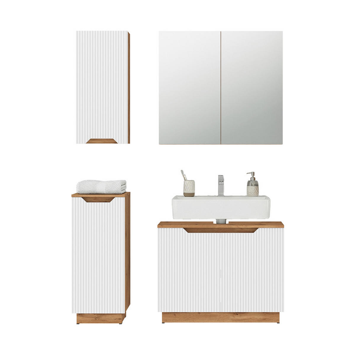 BADMÖBEL-SET Lotta Eiche/weiß gestreift 4 Teile - Eichefarben/Weiß, Holzwerkstoff (79.6/62.1/32cm) - Vicco