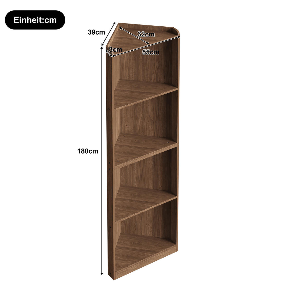 BÜCHERREGAL in Walnussfarbe Eckregal aus MDF mit Kippschutz für Wohnzimmer und Küche, B55/T32/H180 cm - Nussbaumfarben, Holzwerkstoff (55/180/32cm) - STILVORA