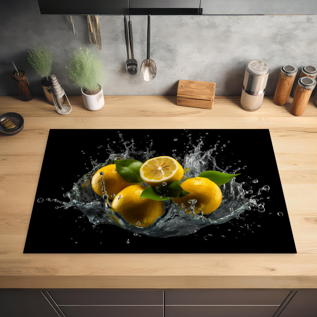 HERDABDECKPLATTE Zitrone - Obst - Gelb - Schwarz 81x52 cm - Gelb, Kunststoff (81.2/0.2/52cm) - MuchoWow