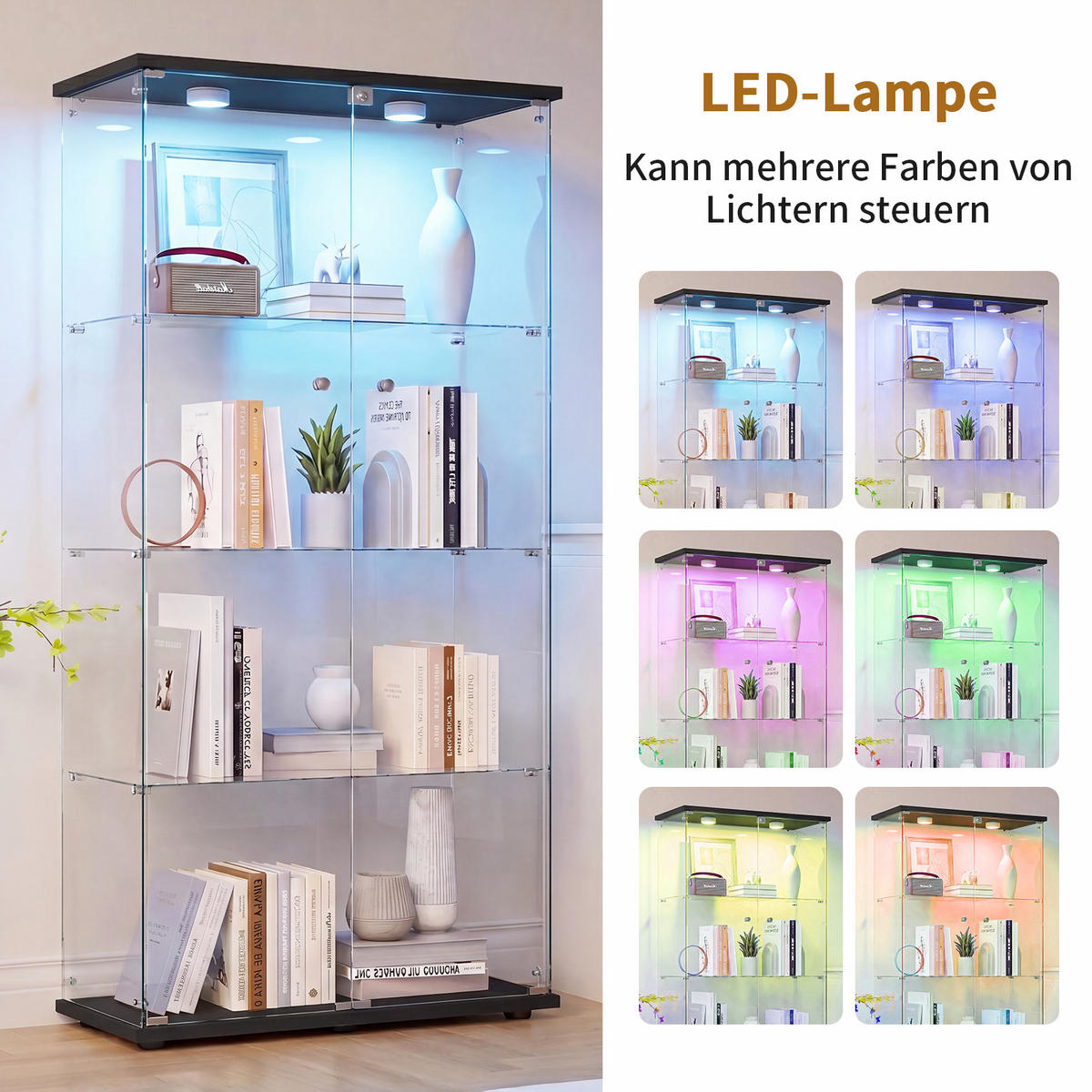 GLASVITRINE LED Schwarz mit 2 Tür 4 Etagen mit Schloss,80.49x36.49x163.9cm - Schwarz, Glas (36.49/163.9/80.49cm) - BPKADHY