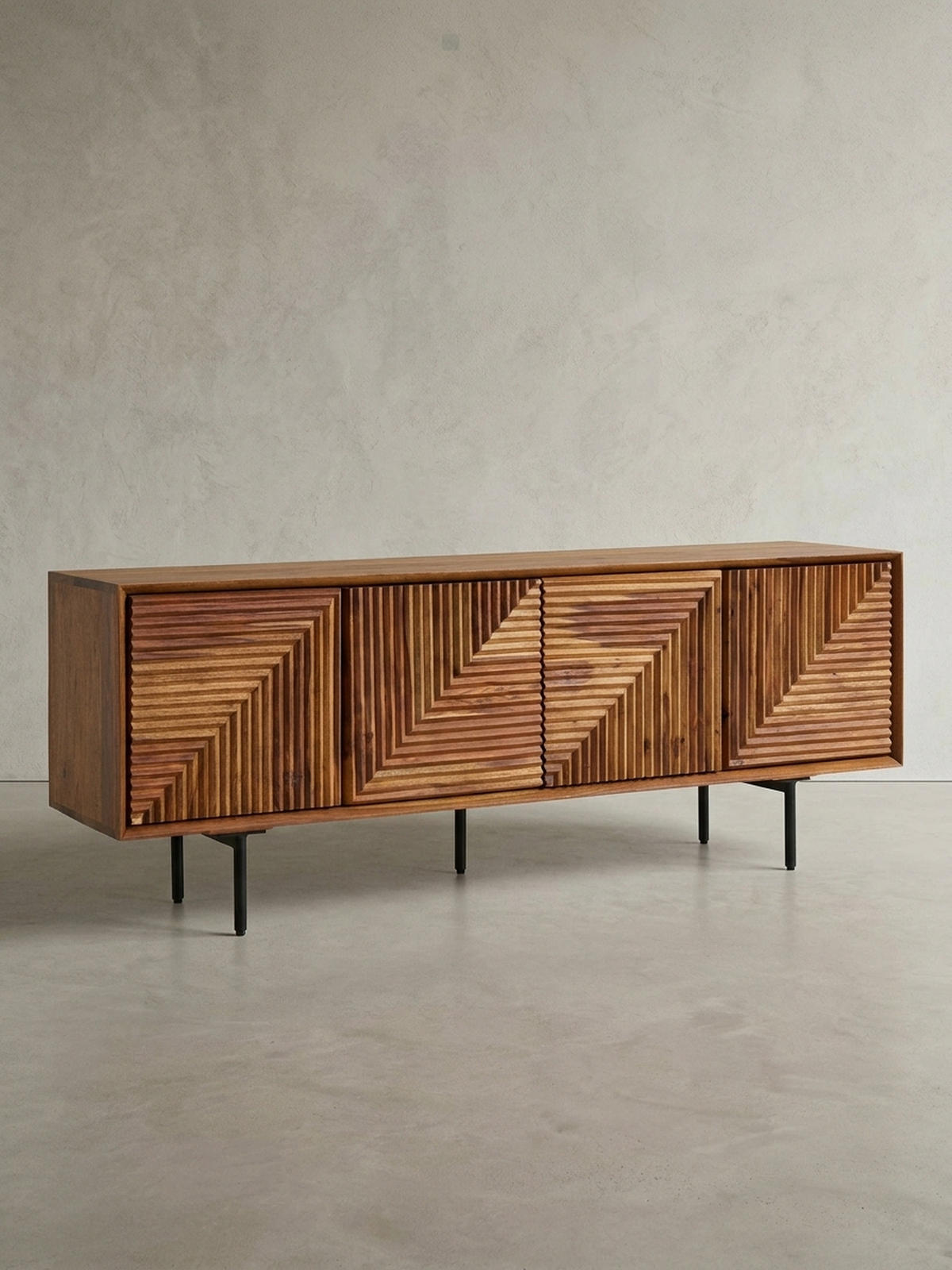 LOWBOARD Massivholz Modern Stil Modell Spectrum mit 3D-Oberfläche und Edelstahl-Gestell - Schwarz/Braun, Holz/Metall (140/54/33cm) - KADIMA DESIGN