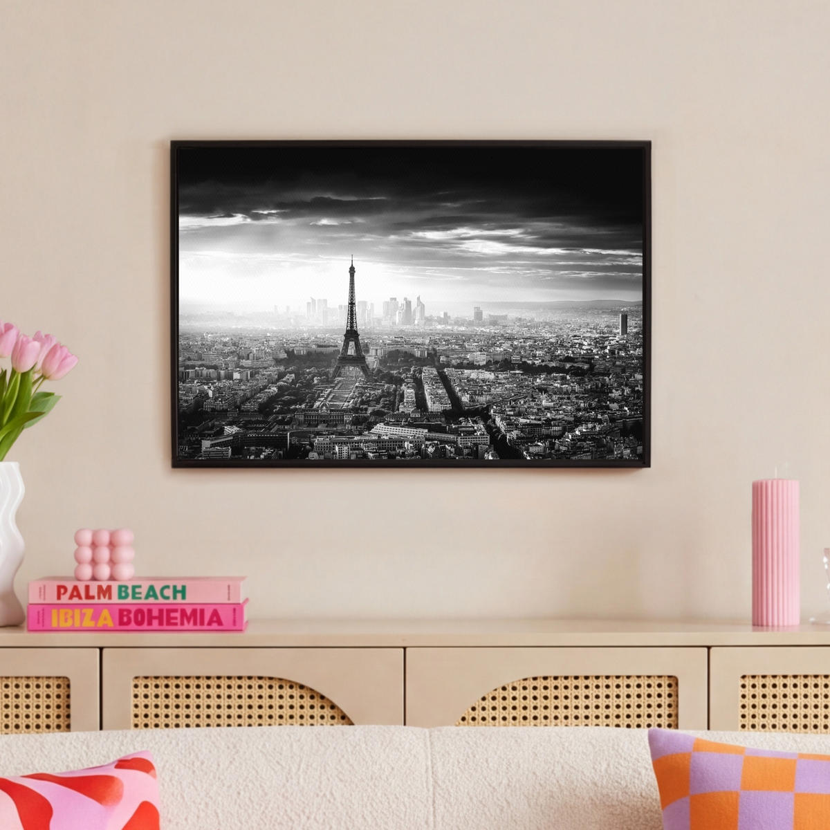 LEINWAND Bilder mit Rahmen - Paris - Skyline - Eiffelturm - Stadt - Wolken - 60x40 - Dunkelgrau, Textil (60/40cm) - MuchoWow