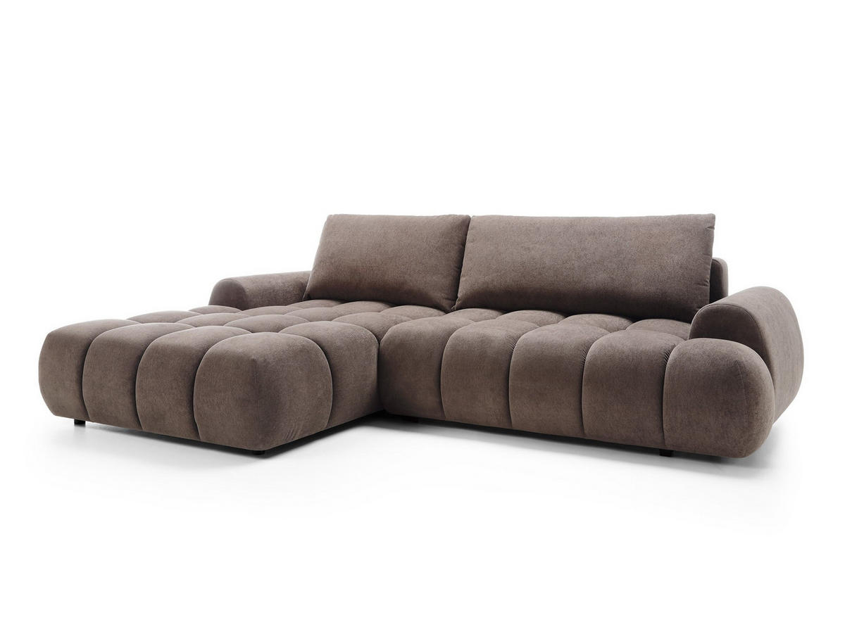 ECKSOFA GARDA Braun Plüsch-Stoff mit Schlaffunktion - Braun, Holz (280/131cm) - MASSENO