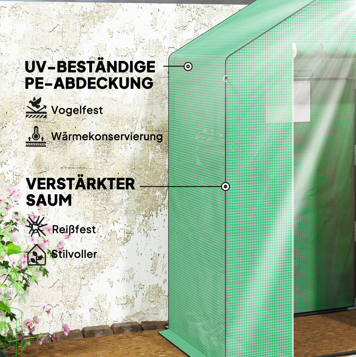 GEWÄCHSHAUS aus Kunststoff 143x74x190 cm in Grün mit Rolltür & Fenster - Grün, Kunststoff (74/190/143cm) - Modfu