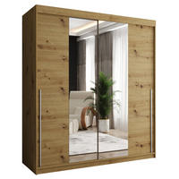 SCHIEBETÜRENSCHRANK mit Spiegel 180 cm Breite Artisan mit silbernem Griff - Silberfarben/Eiche Artisan, Holzwerkstoff (180/200/62cm) - Home Collective