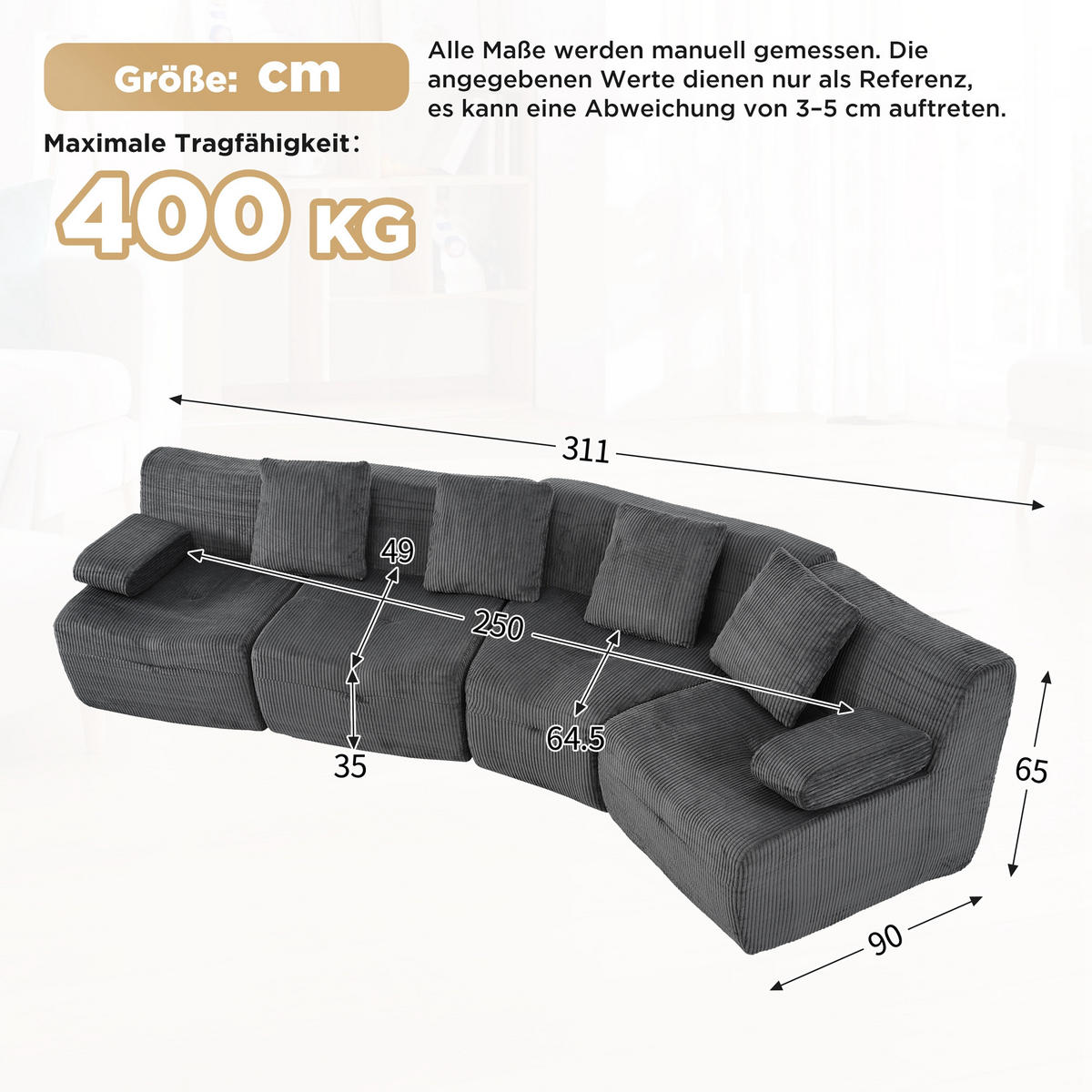 4-SITZER-SOFA modular Cord Kompression, DE-42936, Dunkelgrau - Dunkelgrau, Textil (311/65/90cm) - ComfortXL