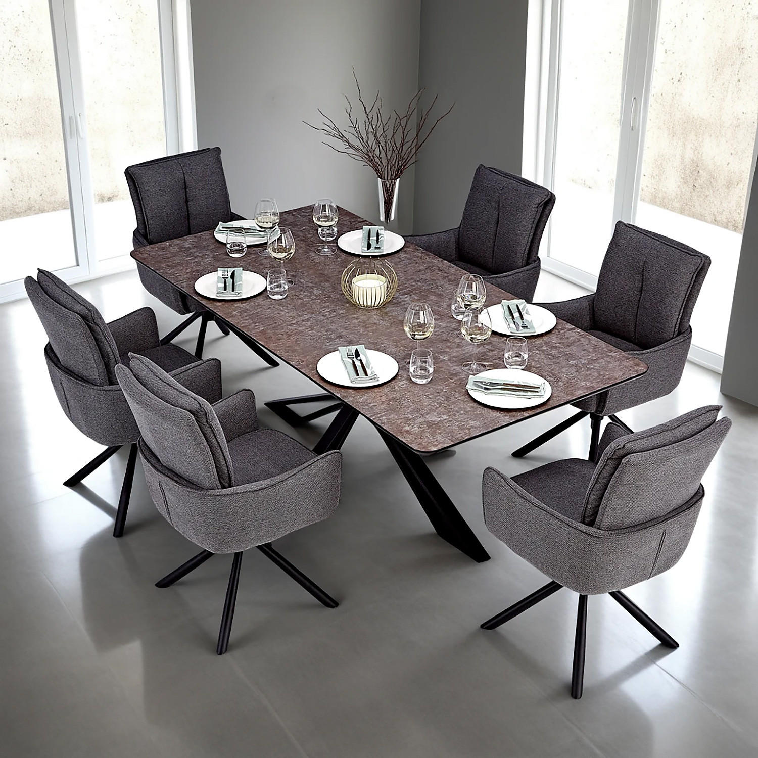 TISCHGRUPPE 200x100 cm braun schwarz mit 6 Stühle Anthrazit - Anthrazit/Braun, Metall (100/94/200cm) - Homestyle4u