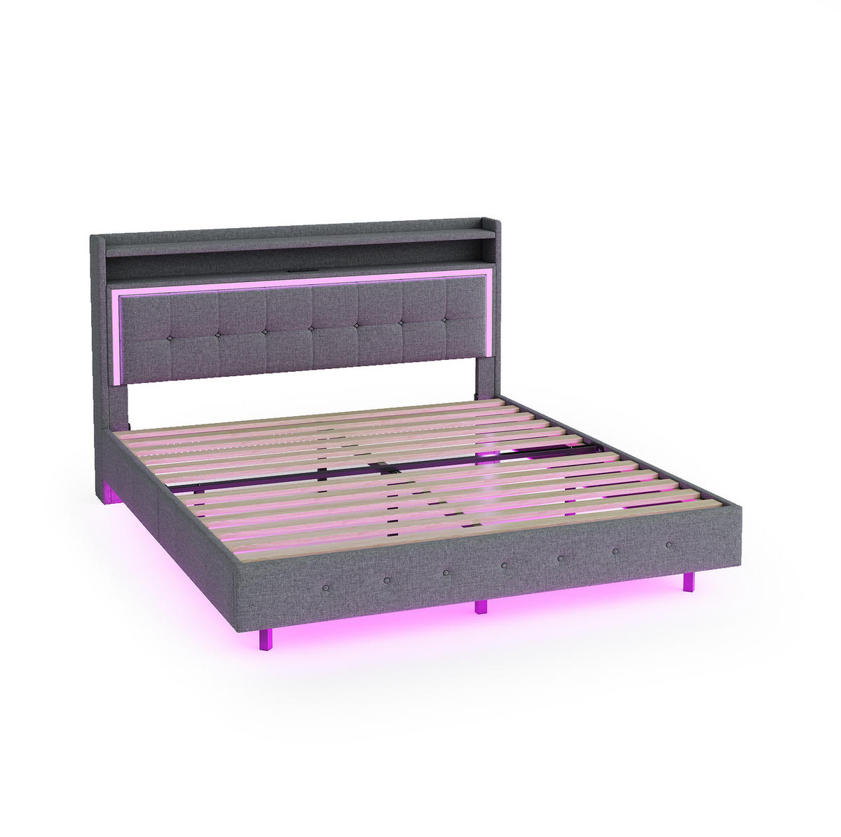 POLSTERBETT 140/200 cm grau aus Stoff mit USB-Steckdose und LED - Grau, Textil (140/200cm) - OKMYHOME
