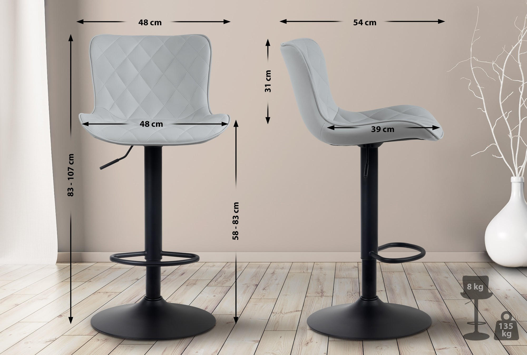 BARHOCKER 2er Set Lederlook grau - Schwarz/Grau, Textil/Metall (48/83/54cm) - CLP
