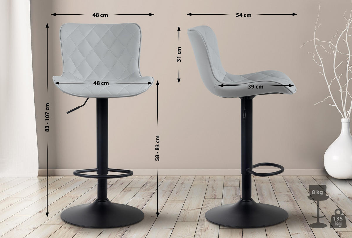 BARHOCKER 2er Set Lederlook grau - Schwarz/Grau, Textil/Metall (48/83/54cm) - CLP