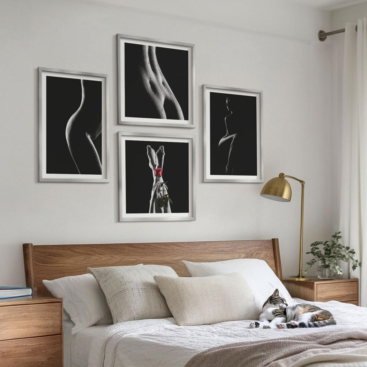 BILDER SET 4er Set - 50x50 cm & 40x60 cm Silberner Rahmen - Schwarze und weiße weibliche Formen - Silberfarben, Kunststoff (50/50cm) - TULUP