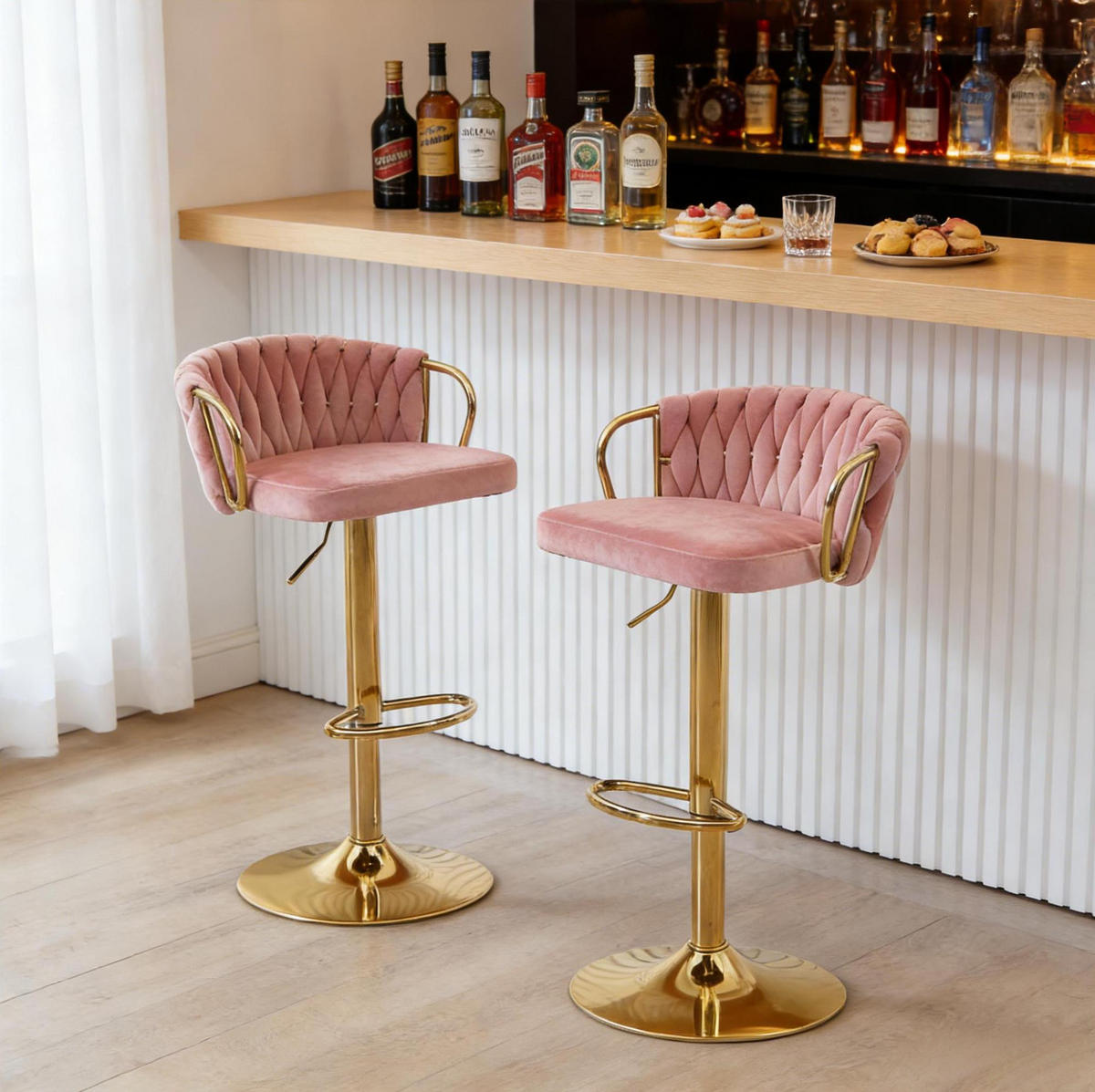 BARHOCKER 2er-Set Rosa höhenverstellbar mit Samtbezug - Rosa, Metall (49.5/98/50.5cm) - MIVRAY