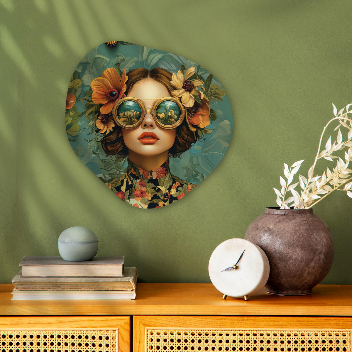 WANDBILD Frau - Blumen - Schmetterlinge - Natur - Vintage 40x40 cm - Petrol, Kunststoff (40/40cm) - MuchoWow
