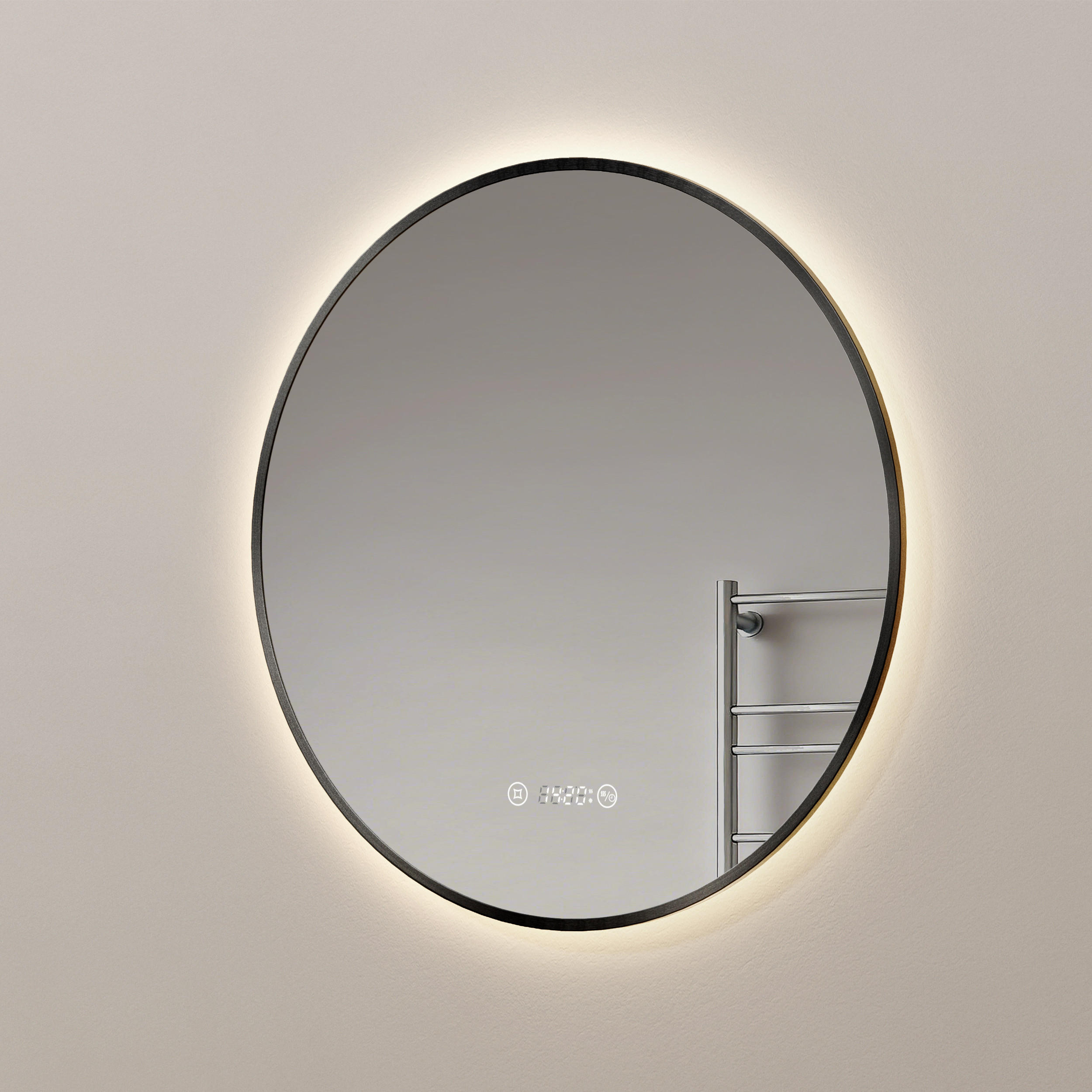 BADSPIEGEL mit LED-Beleuchtung Anti-Beschlag Zeitanzeige Schwarz Ø 70 cm - Schwarz, Glas (70/70/3cm) - EMKE