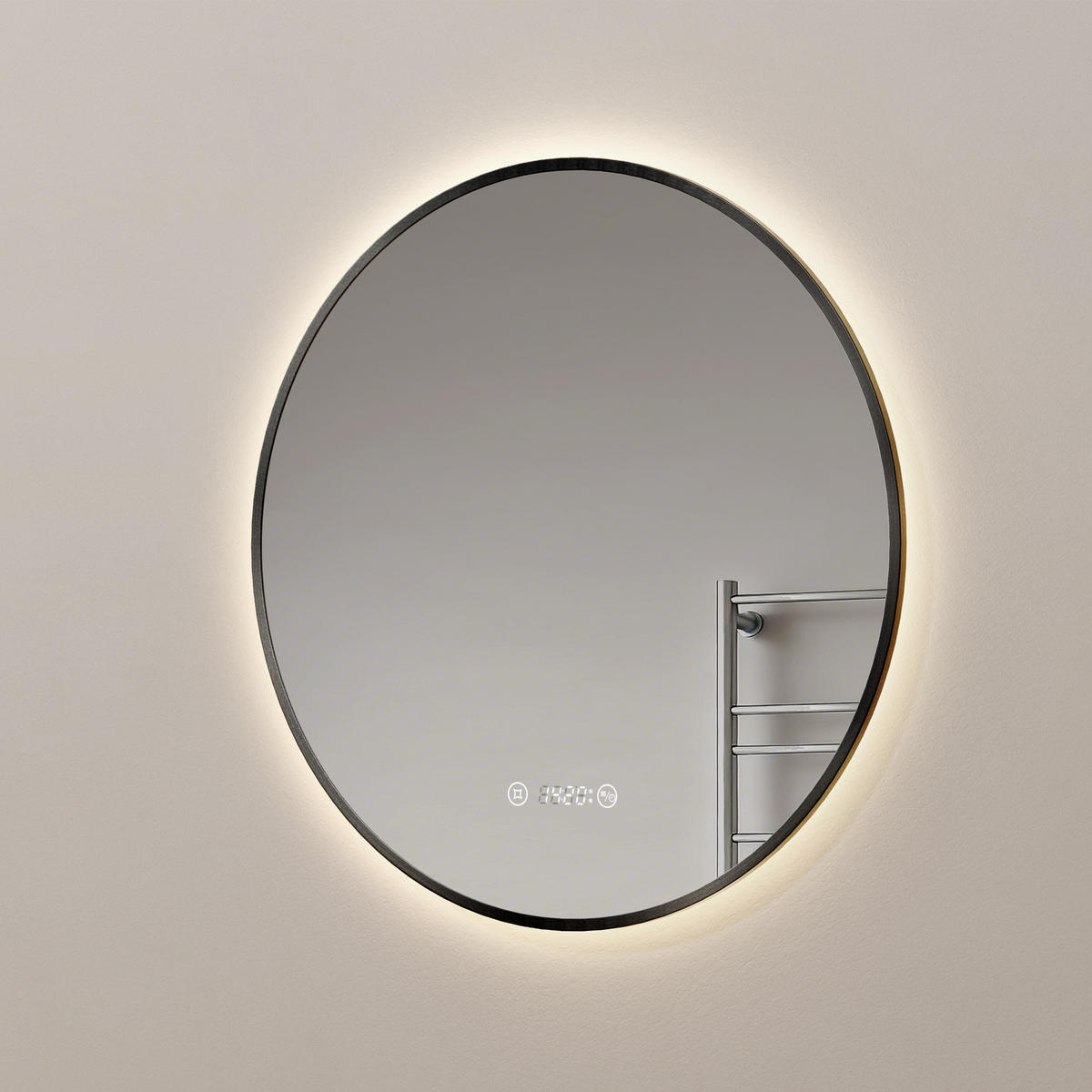 BADSPIEGEL mit LED-Beleuchtung Anti-Beschlag Zeitanzeige Schwarz Ø 70 cm - Schwarz, Glas (70/70/3cm) - EMKE