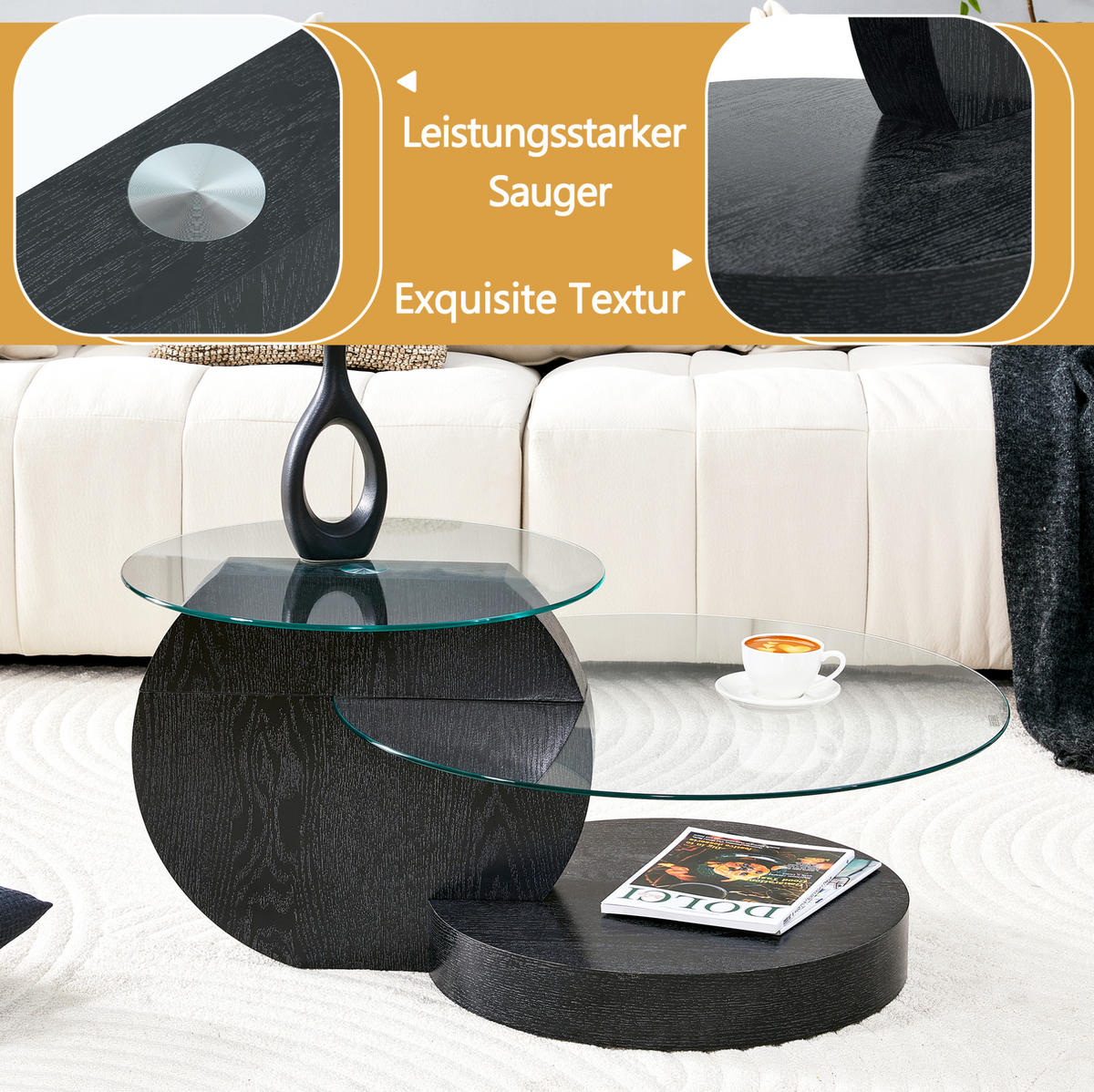 COUCHTISCH aus MDF & Glas Ø50/70 cm in Schwarz mit 2 Ablagen - Schwarz, Glas (90/90/44cm) - Modfu