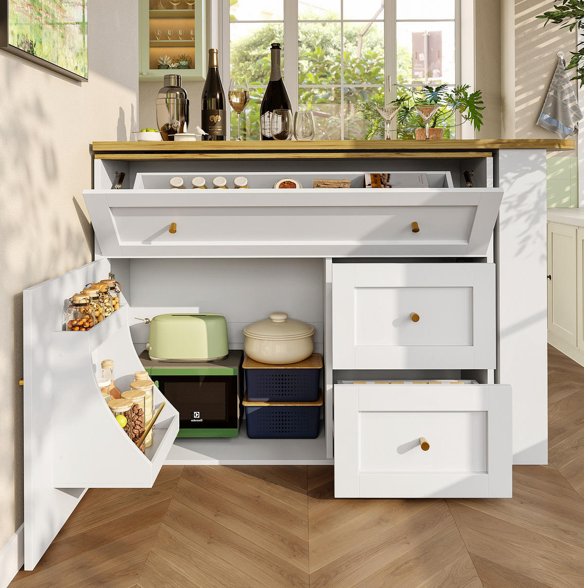 ESSZIMMERSCHRANK aus MDF & Metall 138-204x39x105cm in Weiß - Weiß, Holzwerkstoff (204/105/39cm) - Modfu