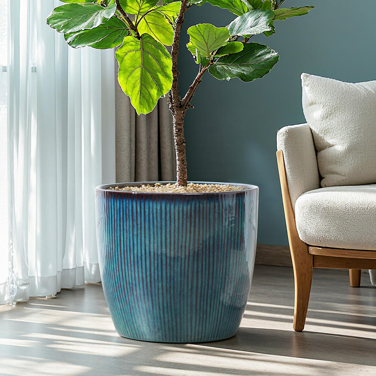 BLAUER Keramik-Blumentopf, Durchmesser 38 cm, Höhe 34 cm - Blau, Keramik (35cm) - Hometopia