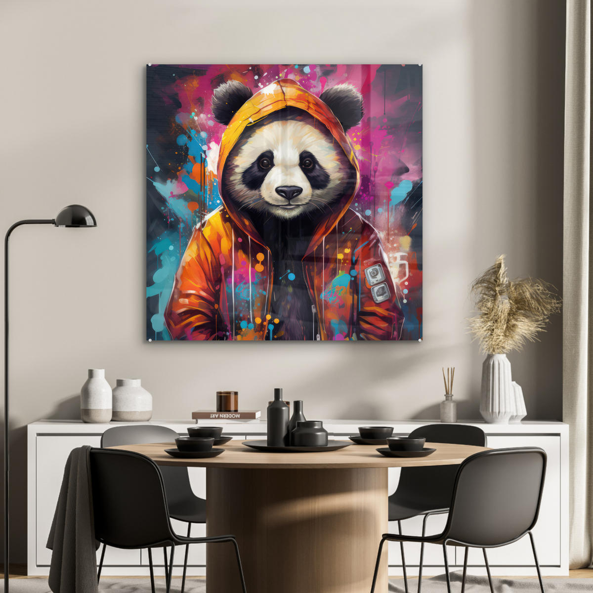 ACRYLGLASBILD Panda - Jacke - Graffiti - Orange 90x90 cm - Orange, Glas (90/90cm) - MuchoWow