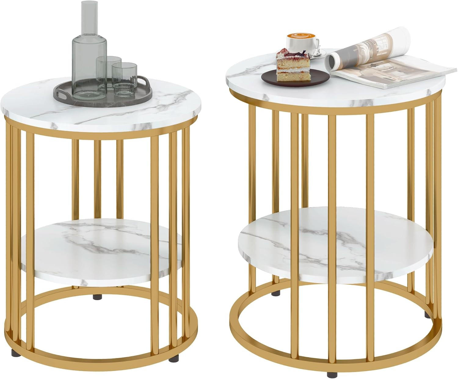 COUCHTISCH-SET Gold in Marmoroptik mit offenem Ablagefach - Goldfarben, Metall (45/45/55cm)