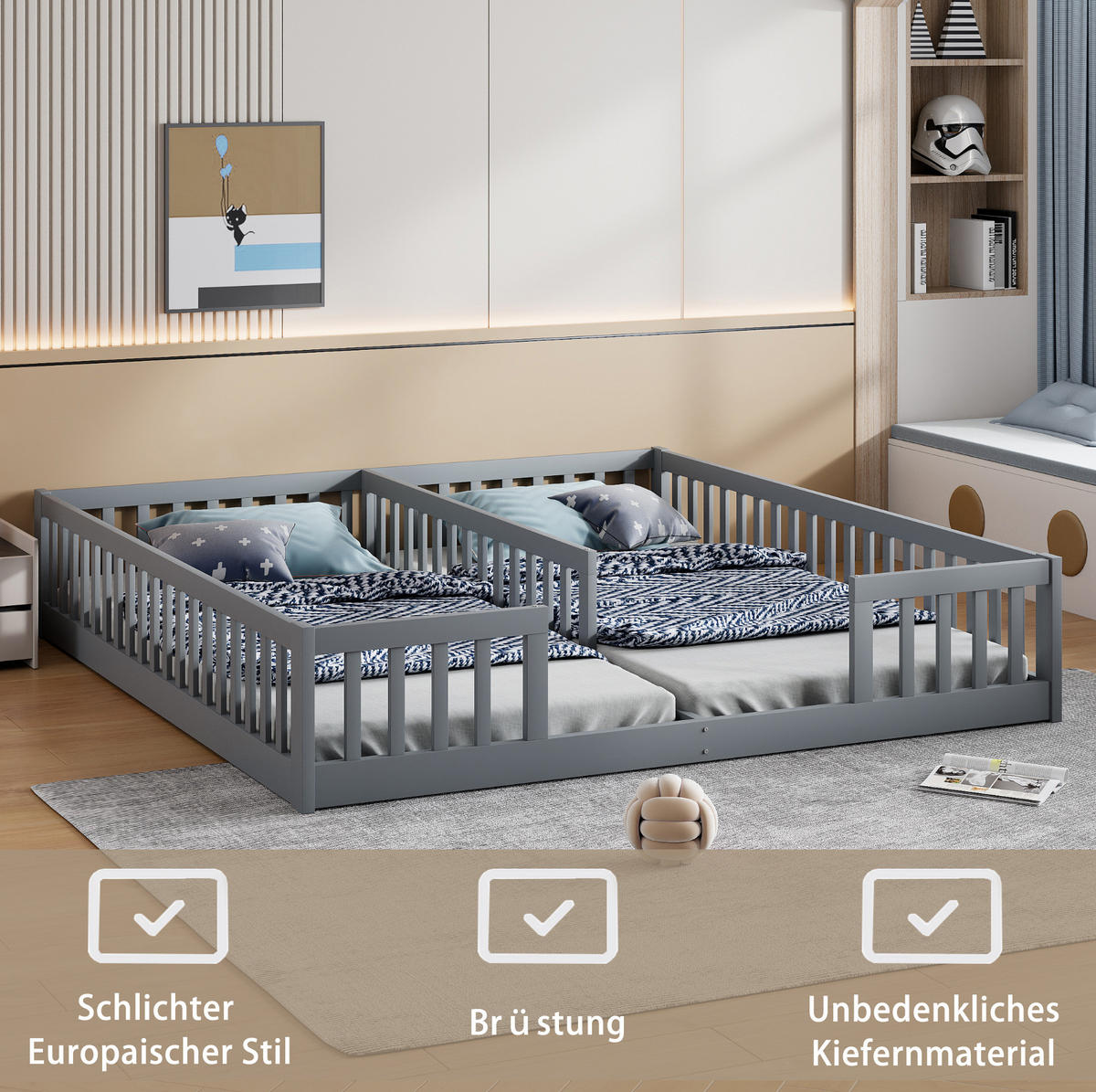 KINDERBETT 90/200 cm grau aus Kiefernholz und MDF mit Sicherheitsgitter - Grau, Holz (90/200cm) - OKMYHOME