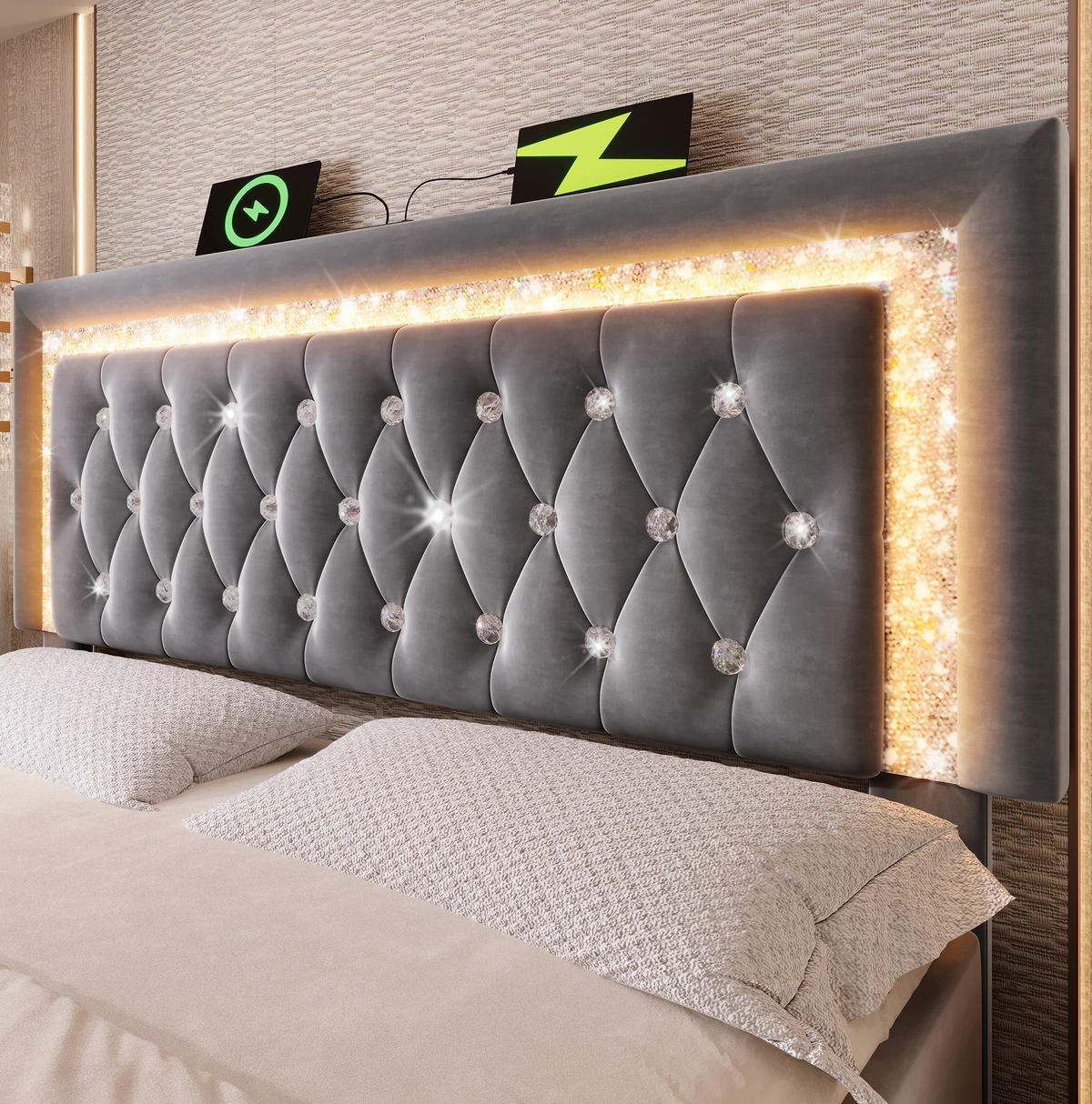 POLSTERBETT 180/200 cm Grau mit LED-Diamantstreifen USB- und Type-C-Anschlüssen, hydraulischem Stauraum - Grau, Textil (180/200cm) - OKWISH