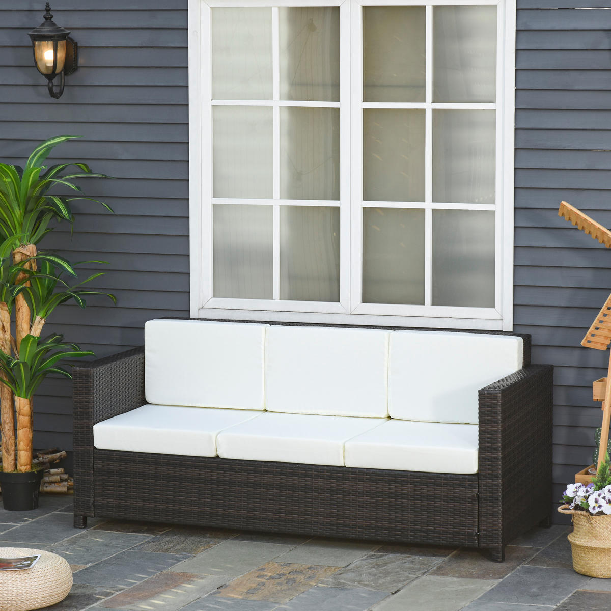 POLY-RATTAN Sofa, Metall, Braun+Weiß - Multicolor, Metall (70/80/185cm) - Outsunny