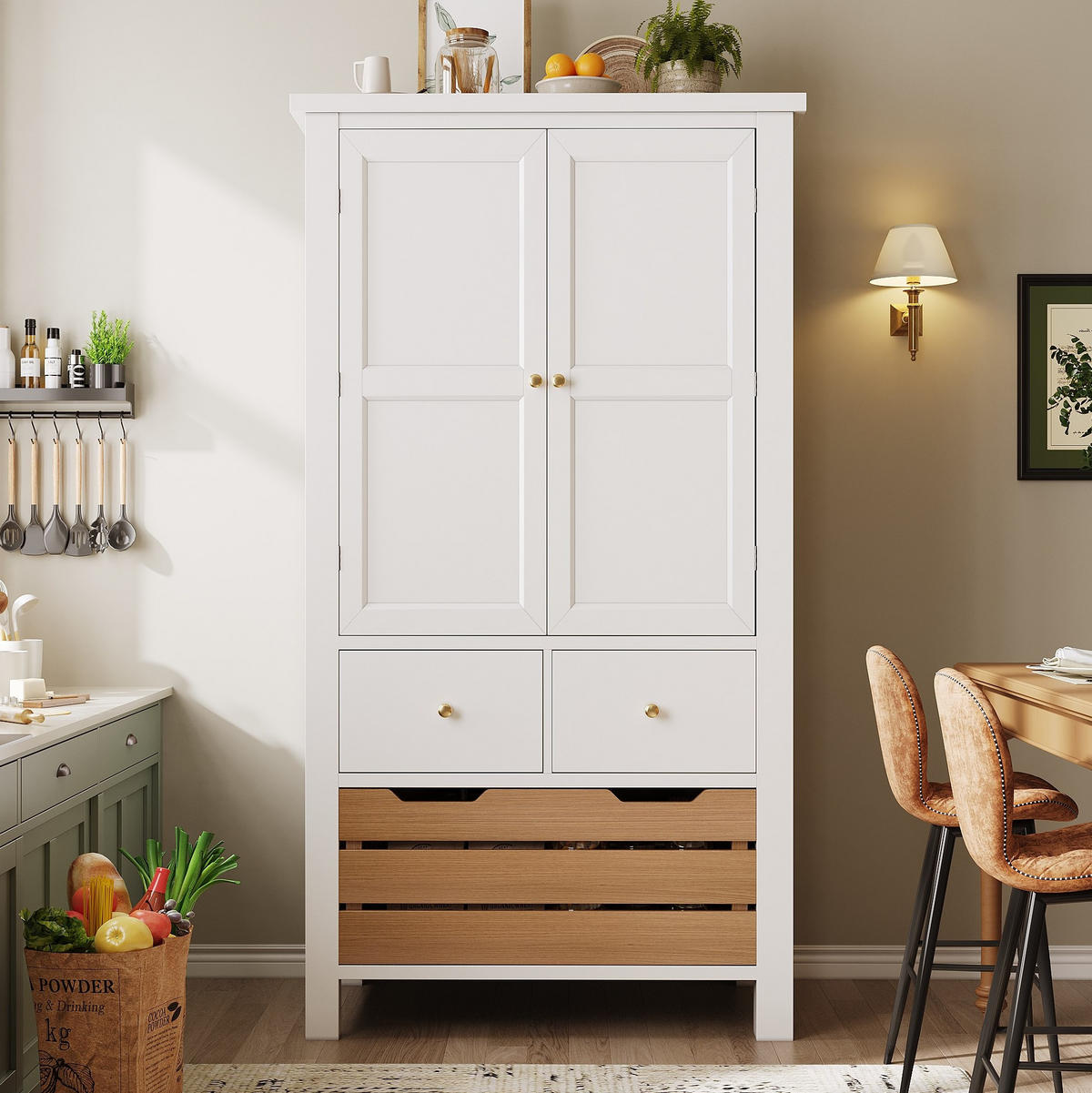 KUHINJSKA omara 80/40/140 cm z 2 vrati, 5 predali in zaščito proti prevračanju, Bela - bela, leseni material (80/140/40cm) - Redom