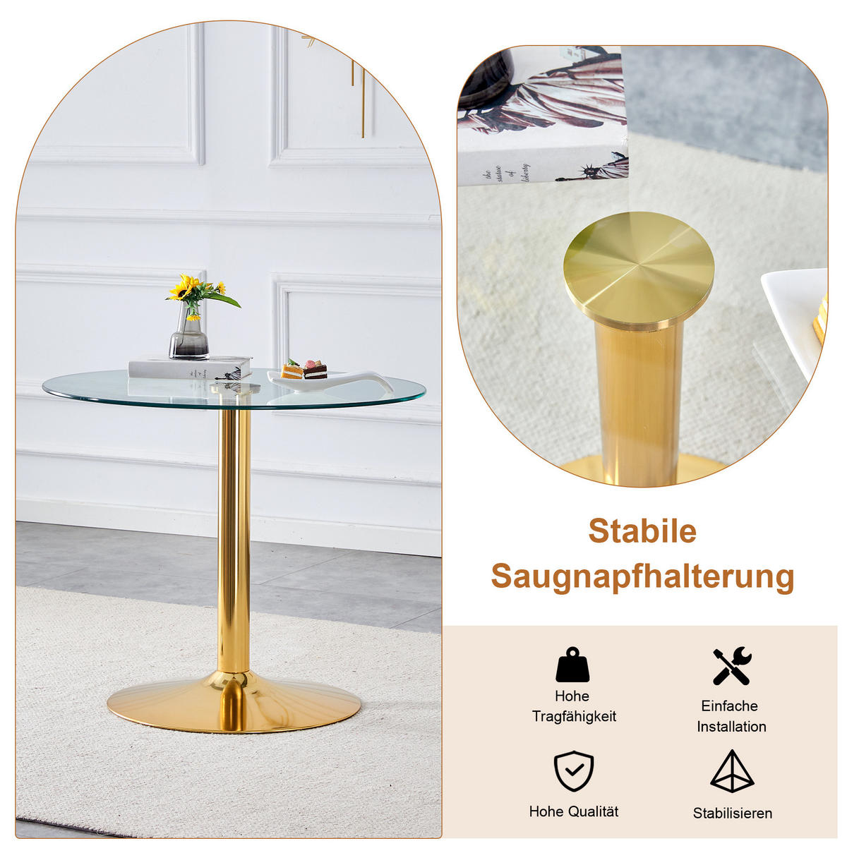 ESSGRUPPE rund 85 cm Glas Gold mit 4 Drehstühlen Hellgrau - Transparent, Metall (85/76/85cm) - Meubliv