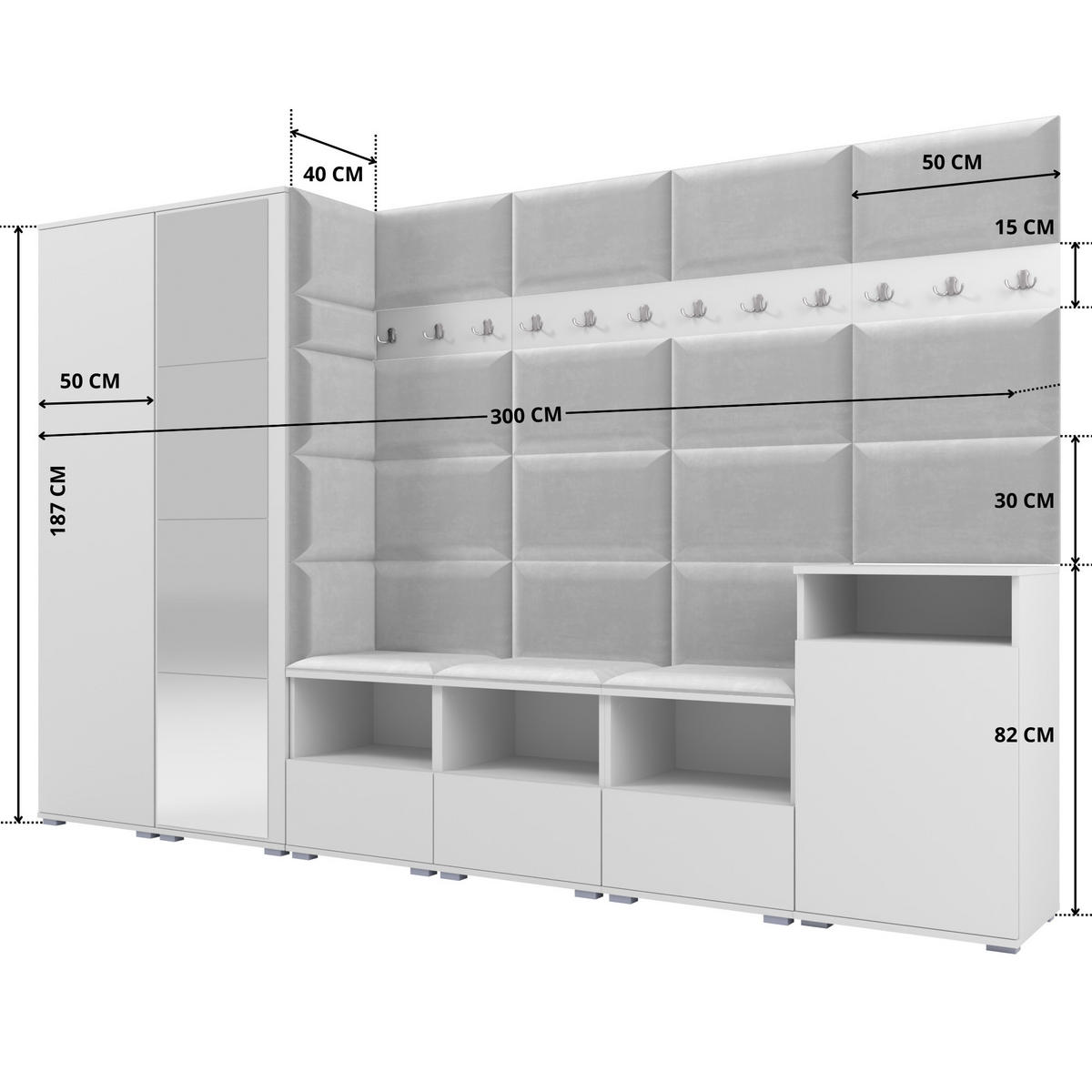 GARDEROBE NELA XII 300 cm (Modulare Flurmöbel Weiß mit Spiegel & Sitzpolster Hellgrau 32 Gigantisches Set) - Silberfarben/Hellgrau, Holz/Holzwerkstoff (300/187/40cm) - Ravio