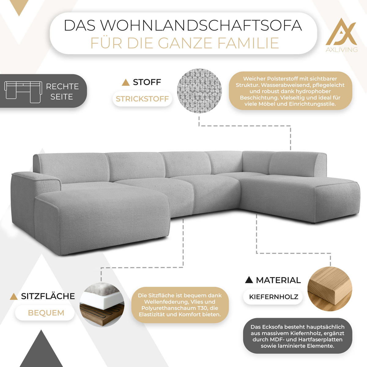 WOHNLANDSCHAFT Didim Hellgrau 378/220/78 cm – großes Sofa stilvoll & bequem R - Hellgrau/Schwarz, Kunststoff/Textil (378/78/220cm) - AX Living