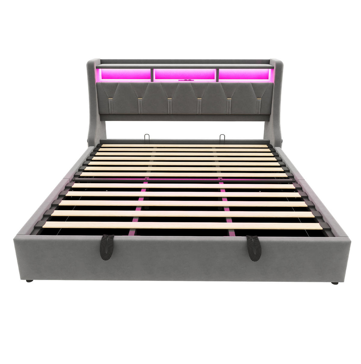 POLSTERBETT mit Samtbezug 180x200 cm Grau mit hydraulischem Bettkasten, LED und USB-/Typ-C-Anschlüssen - Grau, Textil (180/200cm) - Modfu